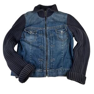GAP Women Denim Jacket Knit Sleeves Full Zip Collared Blue Size‎ L